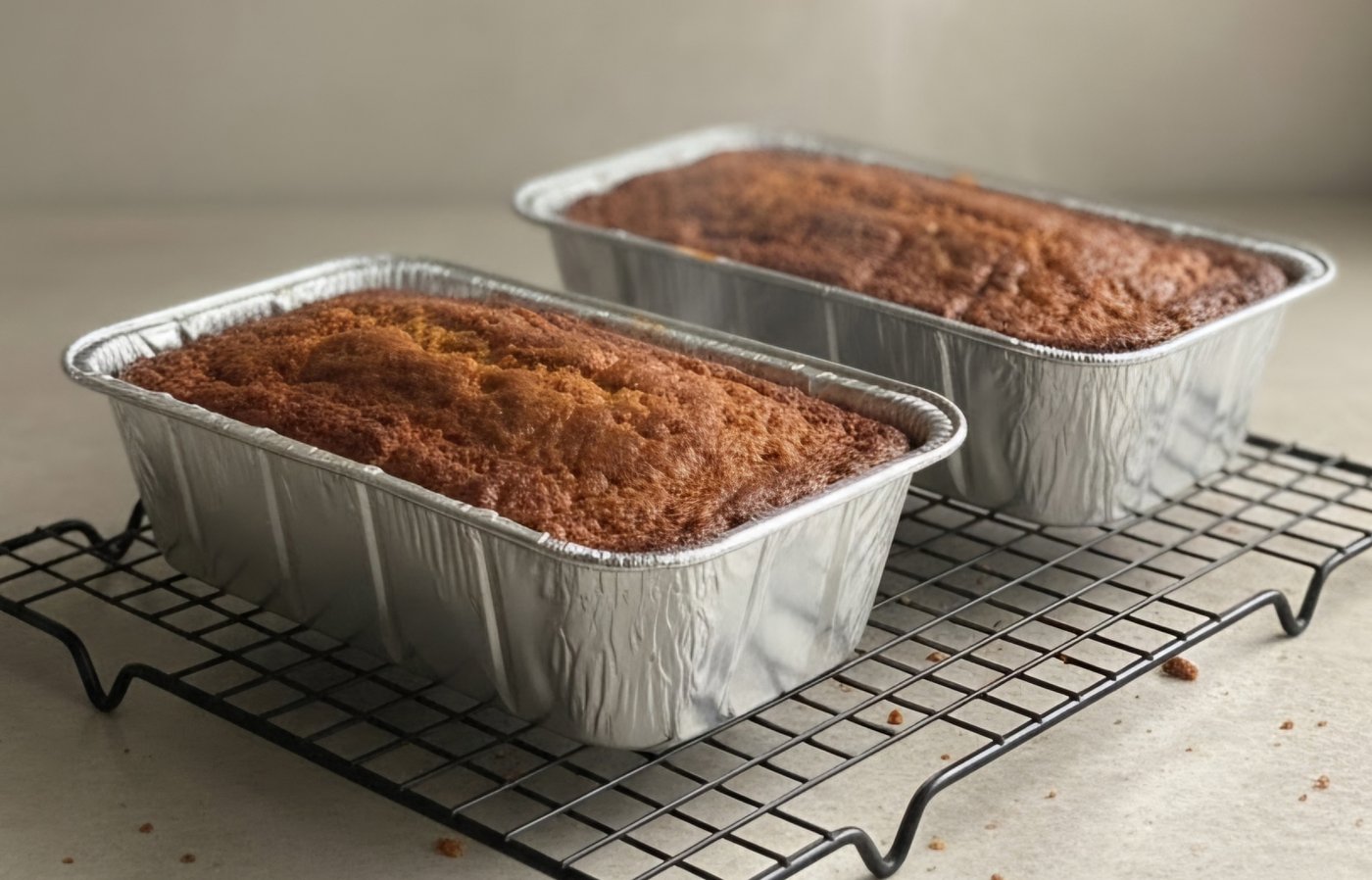Two loaves of banana bread in foil pans on a cooling rack